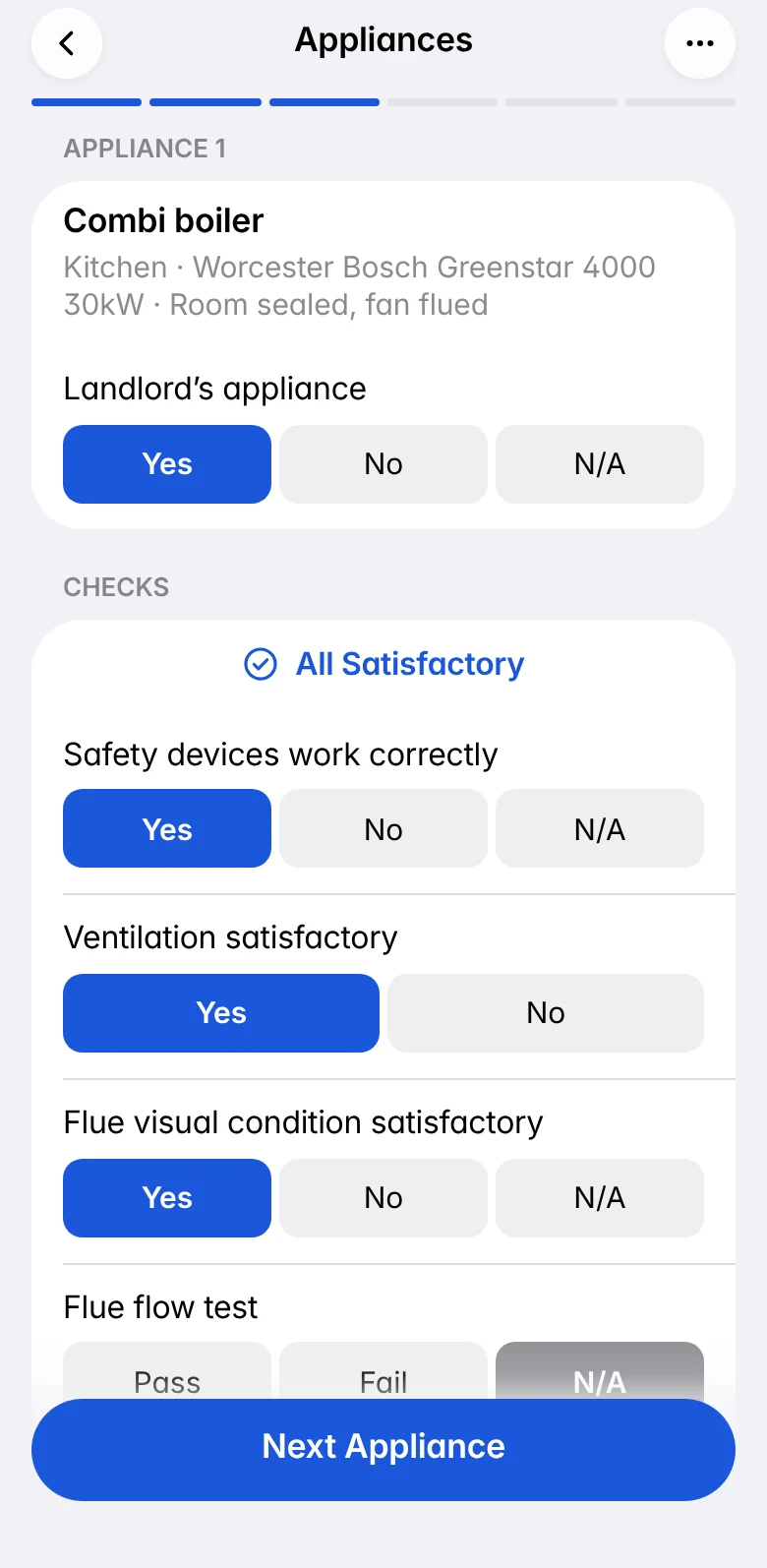 An appliance on a gas safety record: a combi boiler in the kitchen, with the All Satisfactory button and large Yes, No and N/A answers for each check.
