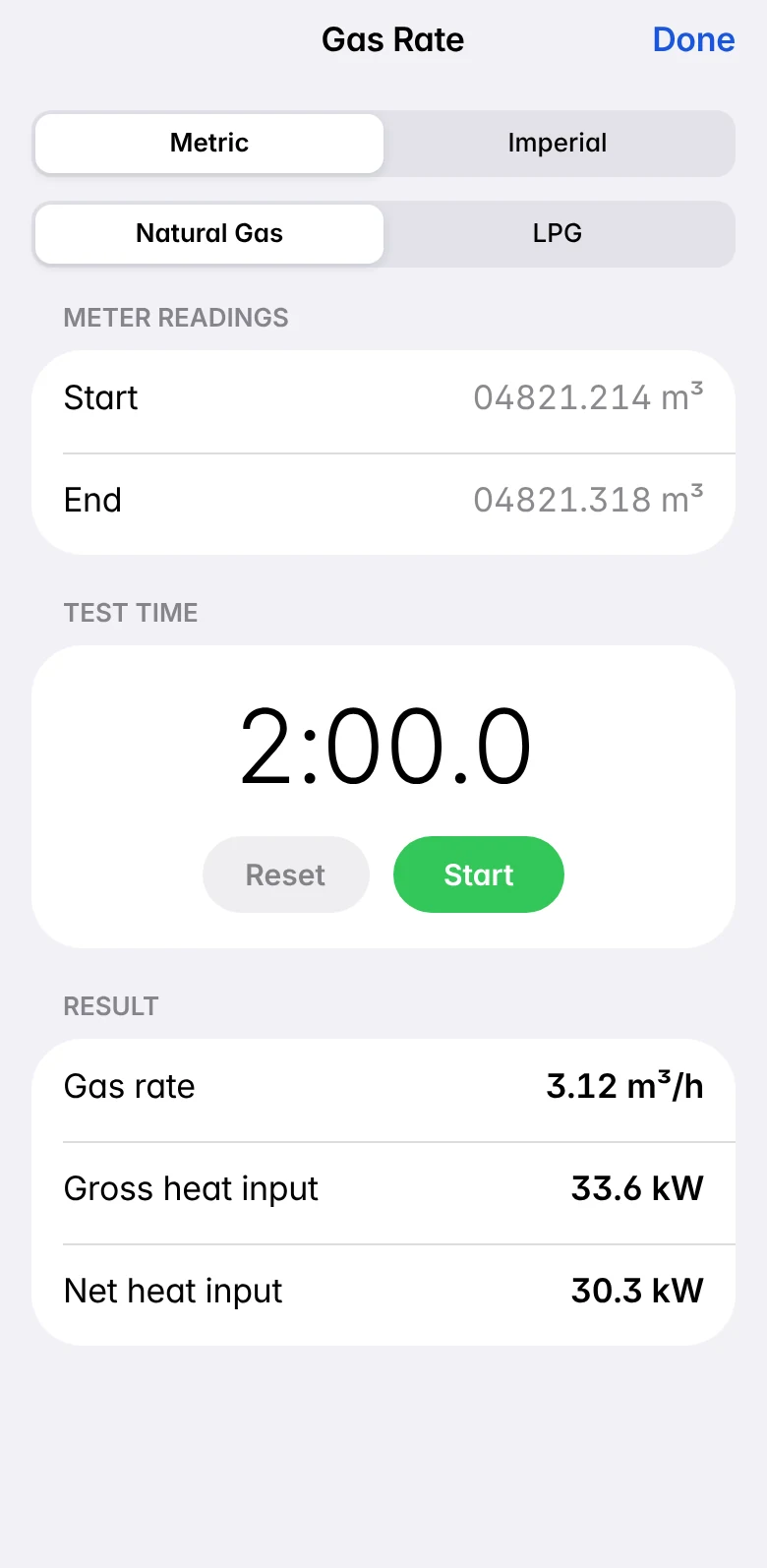 The Gas Rate calculator: metric meter readings over a two-minute test, giving 3.12 cubic metres an hour, 33.6 kilowatts gross and 30.3 net.