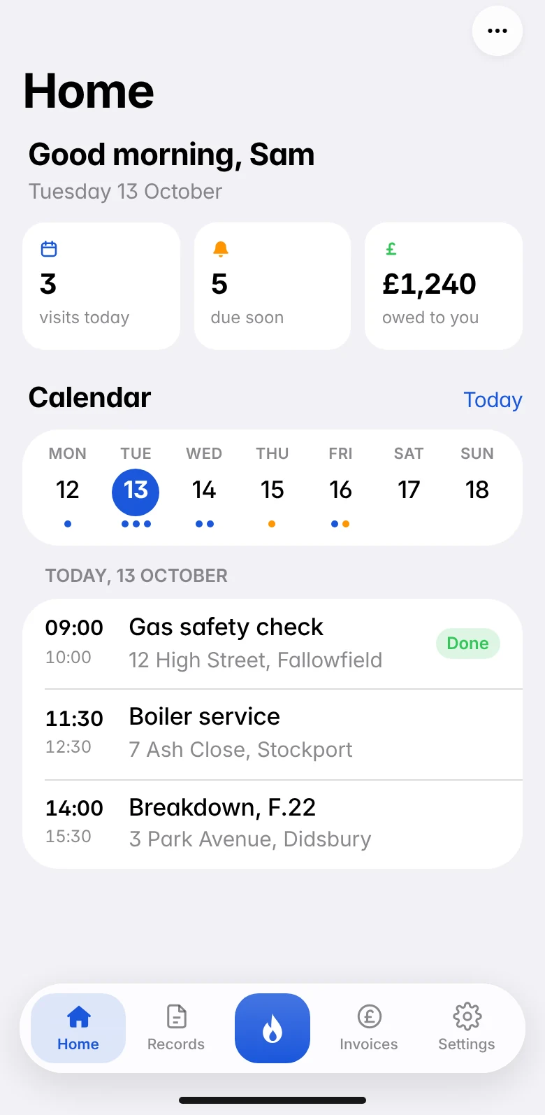 GasPad&rsquo;s Home tab: Good morning, Sam, with three visits today, five records due soon and &pound;1,240 owed, then the week&rsquo;s calendar and today&rsquo;s visits.