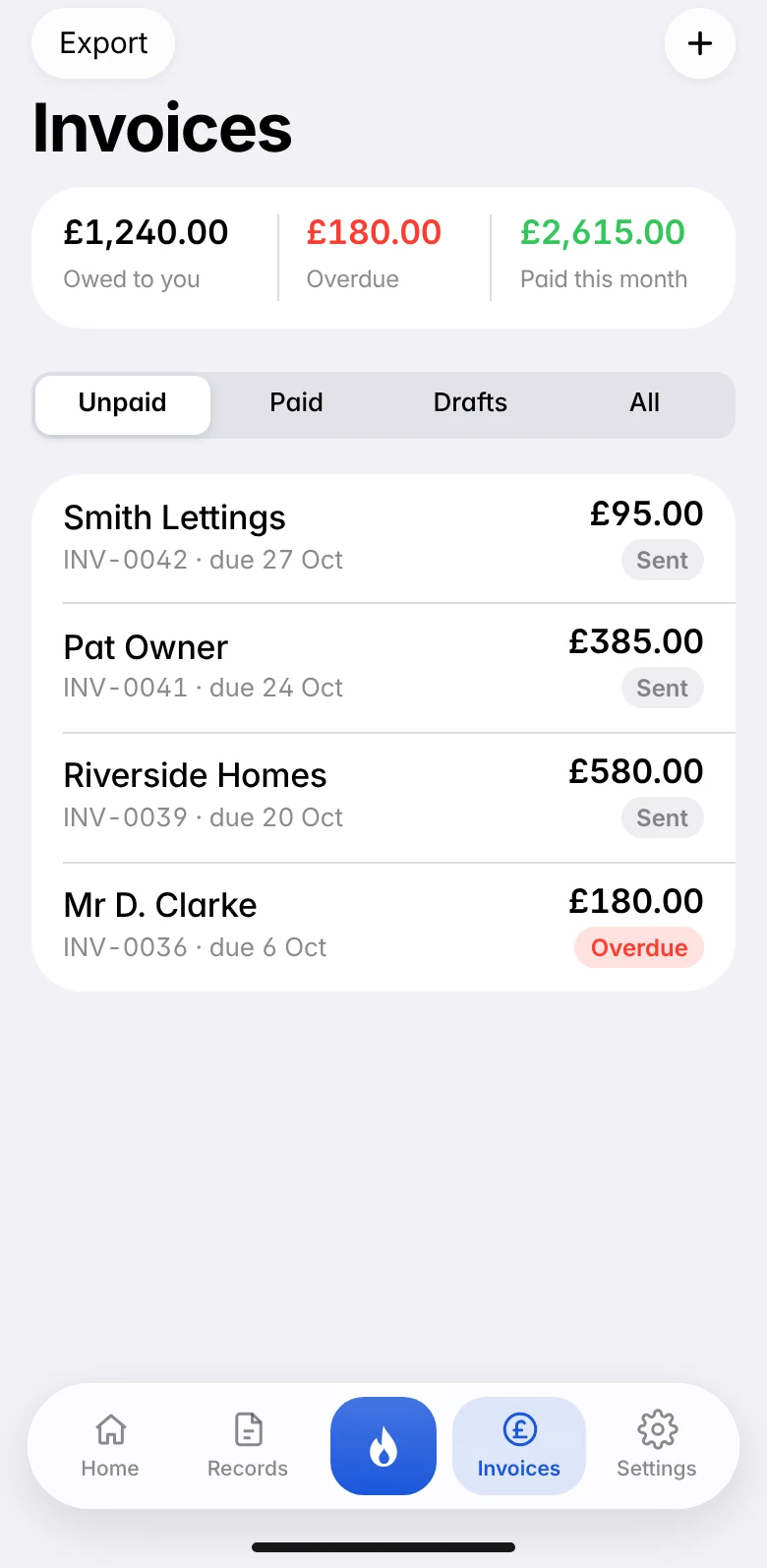 The Invoices tab: &pound;1,240 owed, &pound;180 overdue and &pound;2,615 paid this month, above a list of unpaid invoices with one marked Overdue.