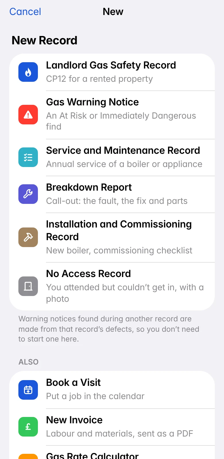 GasPad&rsquo;s New sheet, opened from the flame button: the six record types, from Landlord Gas Safety Record to No Access Record, then Book a Visit and New Invoice.