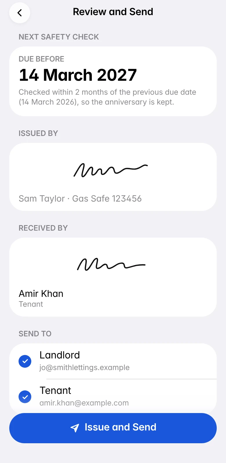 Review and Send: the next safety check date and why it was chosen, the engineer&rsquo;s and tenant&rsquo;s signatures, who it&rsquo;s going to, and the Issue and Send button.